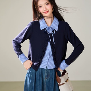 实拍2026新款学院风假两件条纹POLO衬衫领上衣叠穿女士卫衣图色