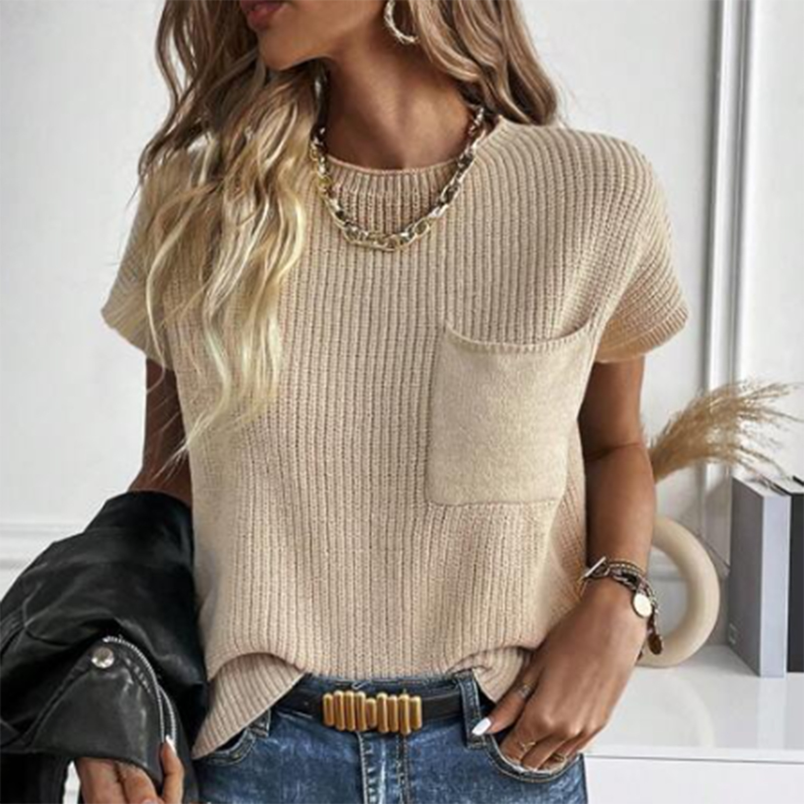 Cross-border Foreign Trade Women's Autumn and Winter New Sleeveless Knitwear with Pocket Vest European and American Pit Pullover Crewneck Sweater