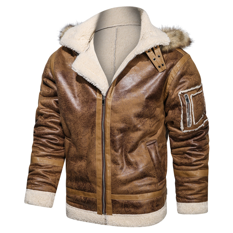 Men's Fleece Lined Leather Motorcycle Jacket With Hood Retro Style_voghion.com