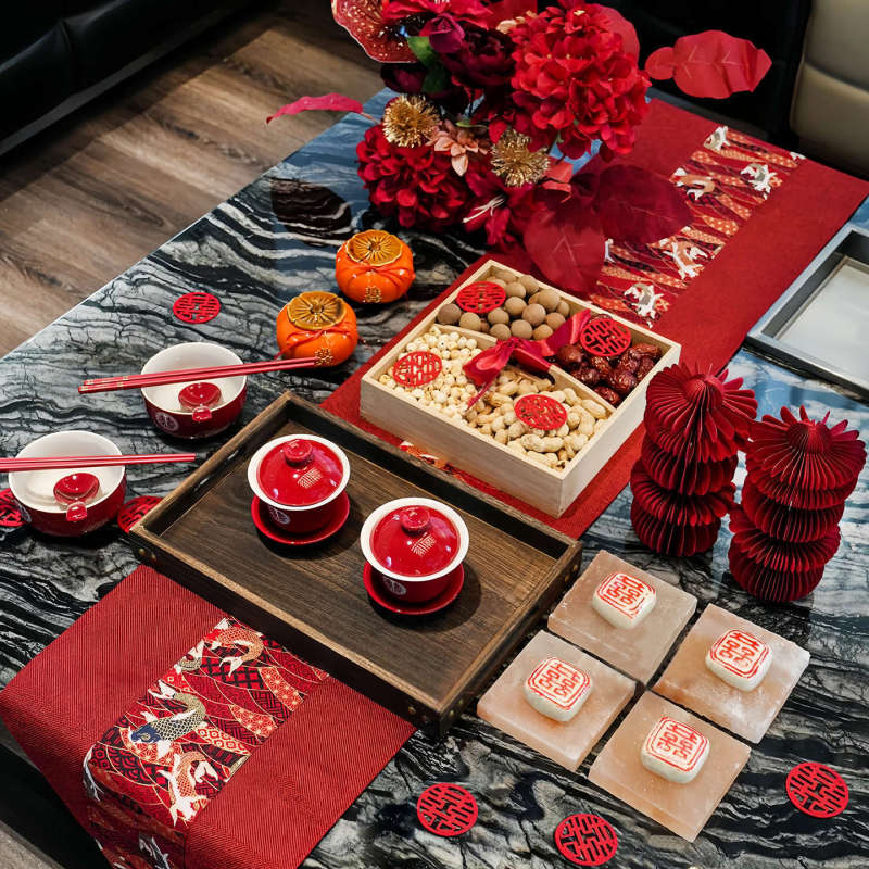 中国風の結婚式の部屋のコーヒーテーブルのレイアウト結婚式の装飾茶セット結婚式の婚約宴会儀式テーブルセット|undefined