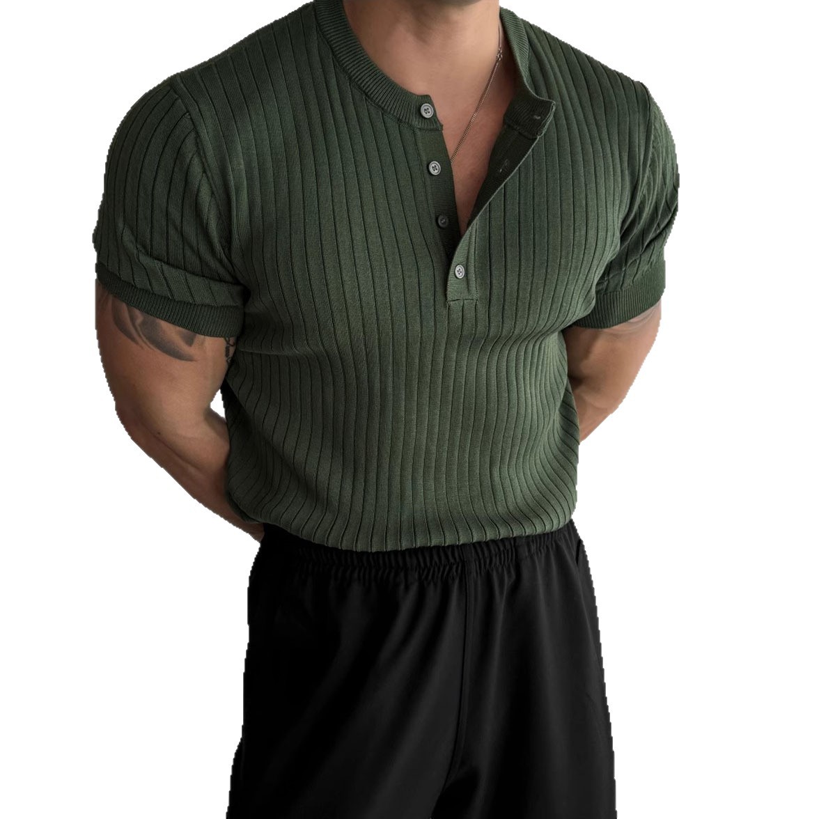 Camiseta de manga corta botones de hombre estampado oscuro de negocios de verano delgado de hielo comercio exterior al por mayor transfronterizo collar Henry