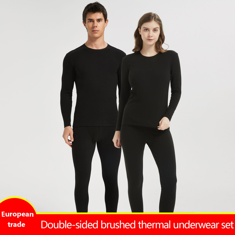 280g Export Cross-Border European and American Large Size Round Neck Black Men's and Women's Amazon Double-Sided Brushed Thermal Underwear Set 280g Export Cross-Border European and American Large Size Round Neck Black Men's and Women's Amazon Double-Sided Brushed Thermal Underwear Set