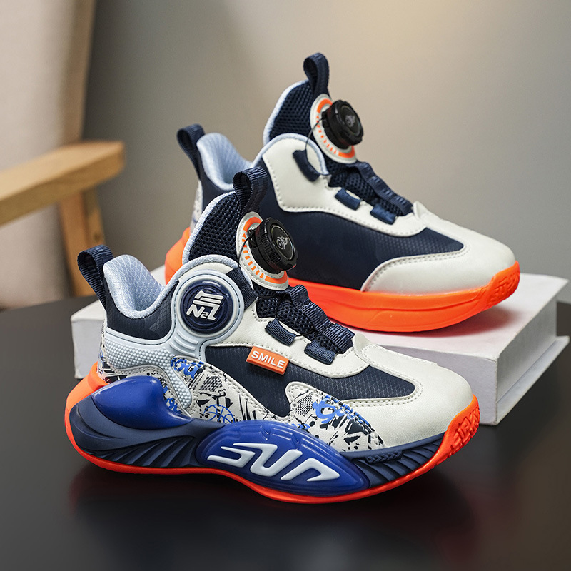 Fábrica de botones de cuero zapatos de baloncesto antideslizantes para niños zapatos de papá al aire libre con suela gruesa transpirable zapatos de carrera