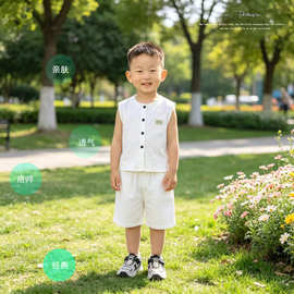儿童夏装套装2026新款儿童薄款棉无袖背心开衫五分裤潮酷两件套