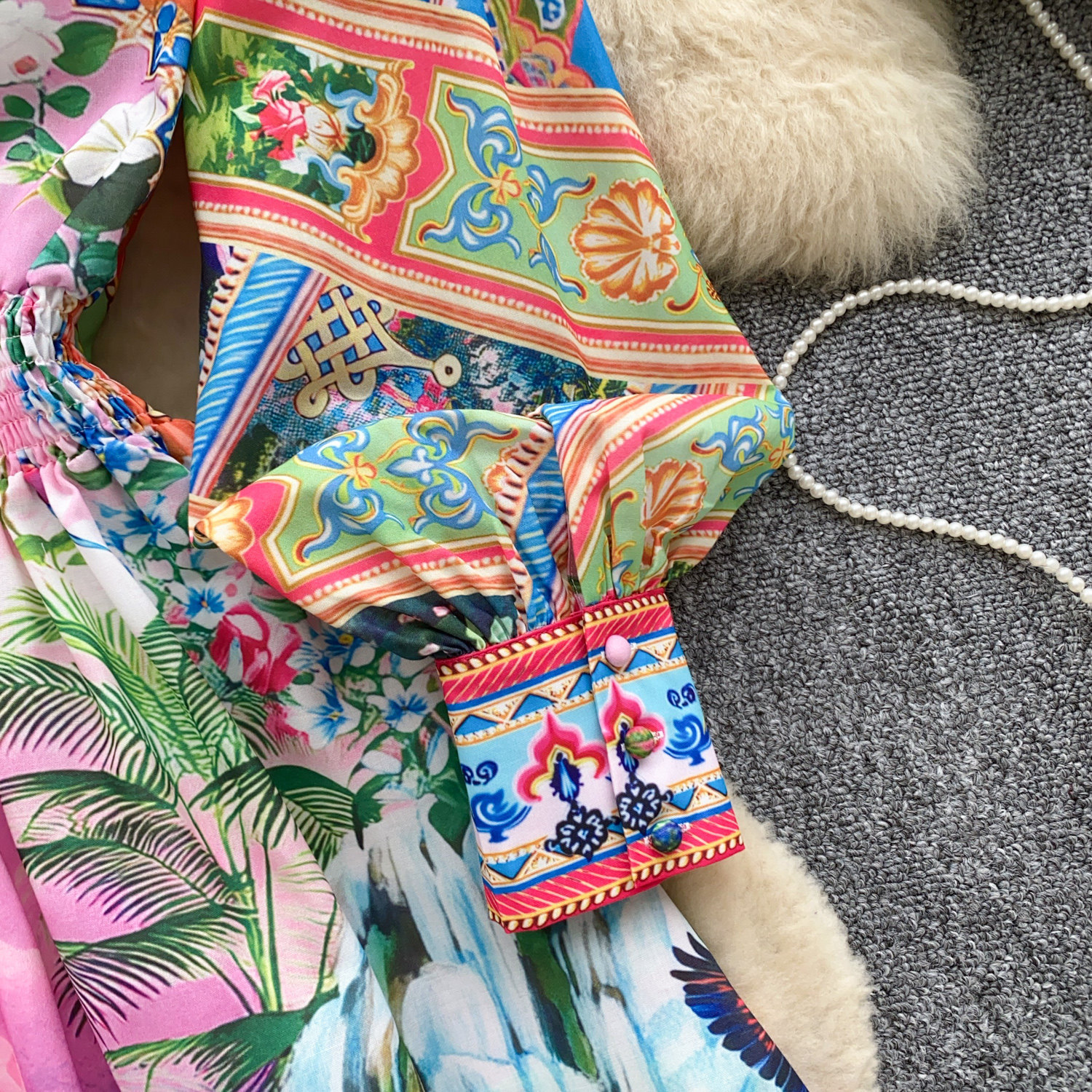 Women's Bohemian Print Dress Korean Style Long Sleeve Shirt Collar Tie Waist Cinching a Line Skirt for Vacation Summer_ecoleips.com