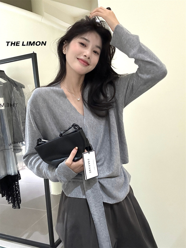 THE LIMON柠檬绿茶韩版设计感系带V领针织衫女2025秋季显瘦上衣潮|undefined