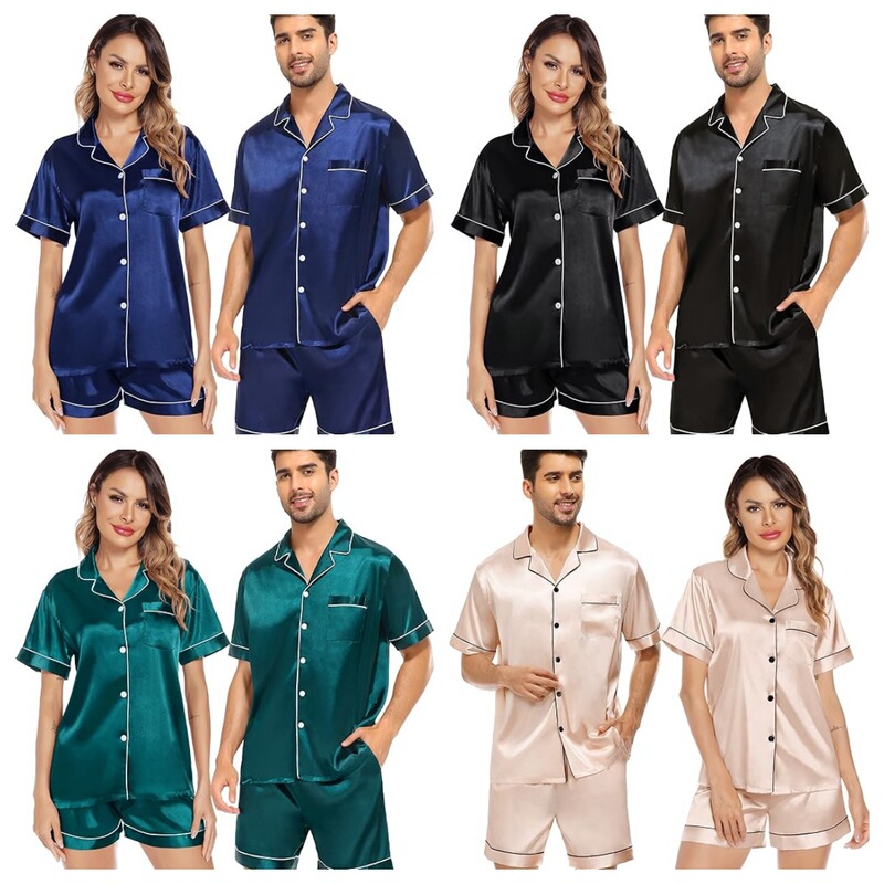 Foreign Trade Cross-border Amazon AliExpress Ice Silk Pajamas Women Men's Short-sleeved Satin Silk Couple Pajamas Home Clothes