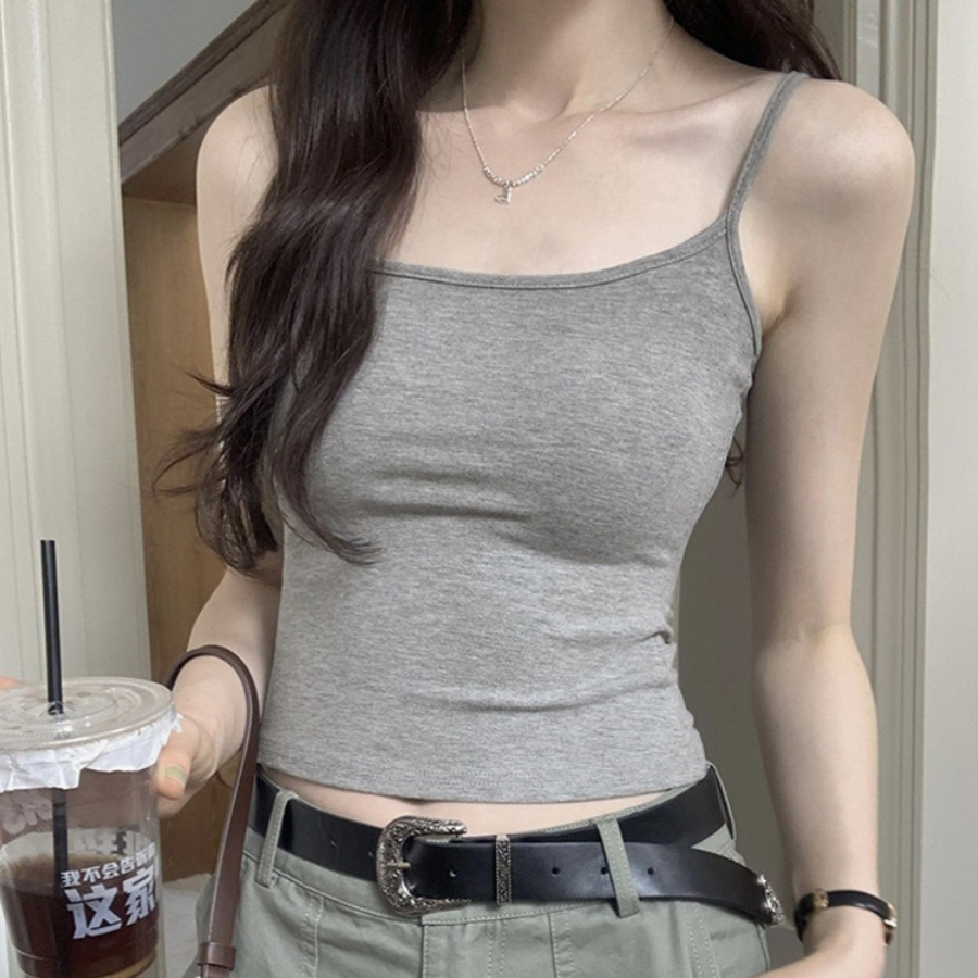 American Hot Girl Gray Camisole for Women with Breast Pads for Outer Wear and Inner Layering Black Slimming Short Top with Beautiful Back