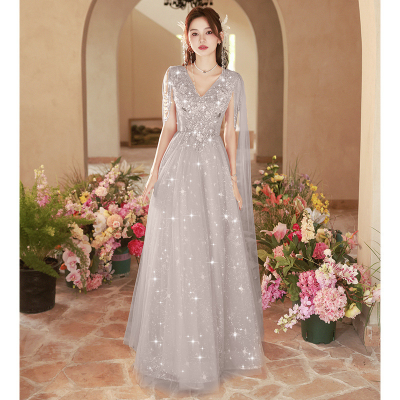 Vestido de noche para banquete, nuevo estilo de verano 2026, con lazo gris, estilo transfronterizo, vestido de actuación para exámenes de arte y actuaciones de coro. image 3