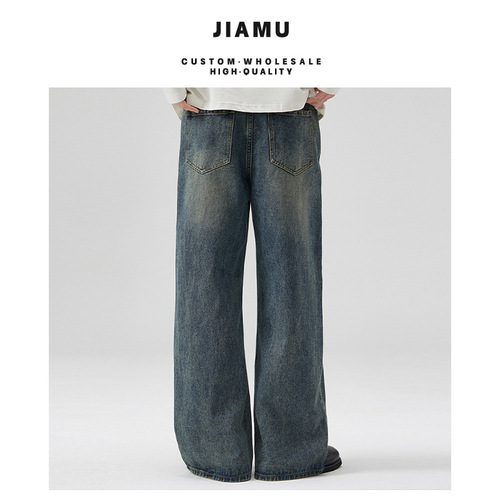 JIAMU Spring and Summer New Cat Whiskers Elastic Waist Baggy Jeans American High Street Denim Pants Men's and Women's Loose Straight Tube 