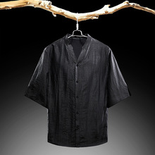 龟裂纹香云纱唐装男士莨绸短袖桑蚕丝中老年夏款真丝绸上衣中式男