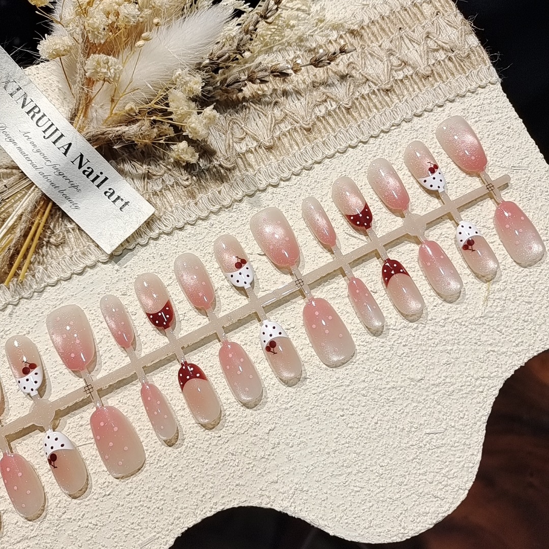 【Sakura Pink Bobo】Short Oval Wearable Nails Sweet Girl Style Playful Cherry Cat Eye Manicure Pre-Made Nails Factory