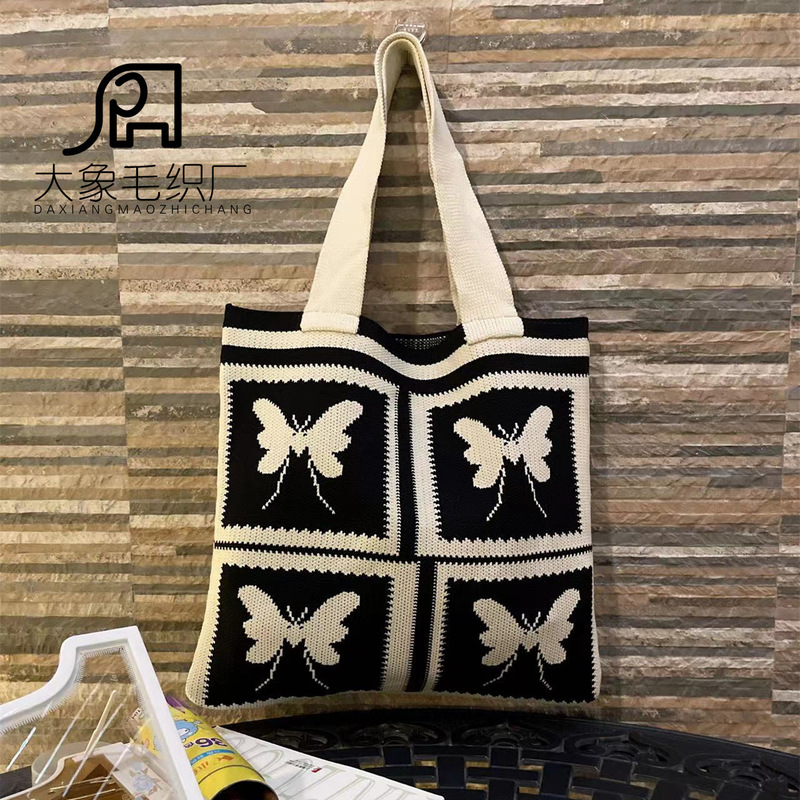 Autumn 2022 Europe Cross-border Amazon Butterfly Portable Shoulder Tote Knitted Wool Woven Shopping Bag Bag