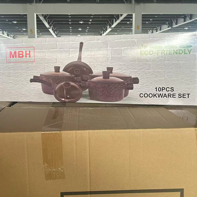 Olla de sopa de fondo plano antiadherente, juego de utensilios de cocina, olla de fundición a presión de piedra médica, juego de cocina de diez piezas