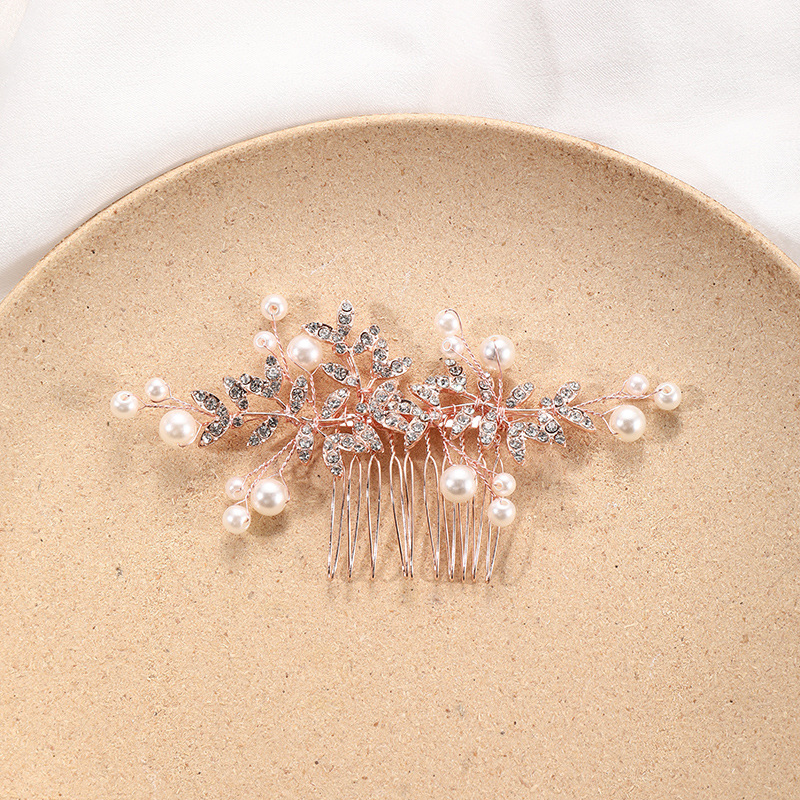 跨境新娘髮飾合金水鑽插梳手工製作珍珠發梳森系頭飾婚禮髮型配飾