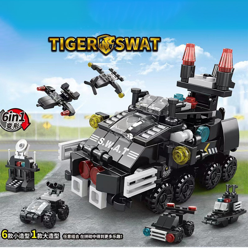 Small Particle Military Swat Building Blocks Aircraft Carrier Tank Mecha Six-In-One Children's Assembly Toy Gift