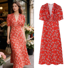 Z家外贸跨境欧美风ZA爆款女装2026夏季新款打褶装饰V领印花连衣裙