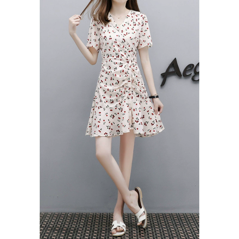 Юбка-трапеция женская лето 2025 новая женская корейская стильная стройнящая элегантная V-образная шифоновая платье с цветочным принтом для женщин