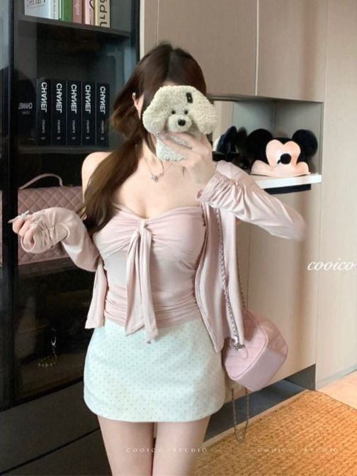 温柔粉色长袖外套开衫女秋季韩系穿搭套装绑带吊带背心上衣两件套|undefined
