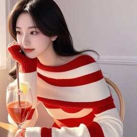 红色条纹一字肩毛衣女内搭打底衫超好看独特漂亮套头针织上衣