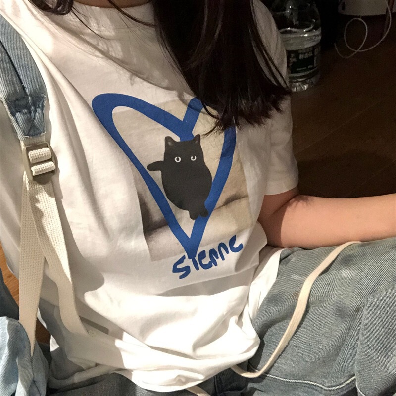 In Stock: Korean Designer Hye-Young Ji's Same Style Color-Blocked Heart-Shaped Cat Print Loose-Fitting Short-Sleeve T-Shirt