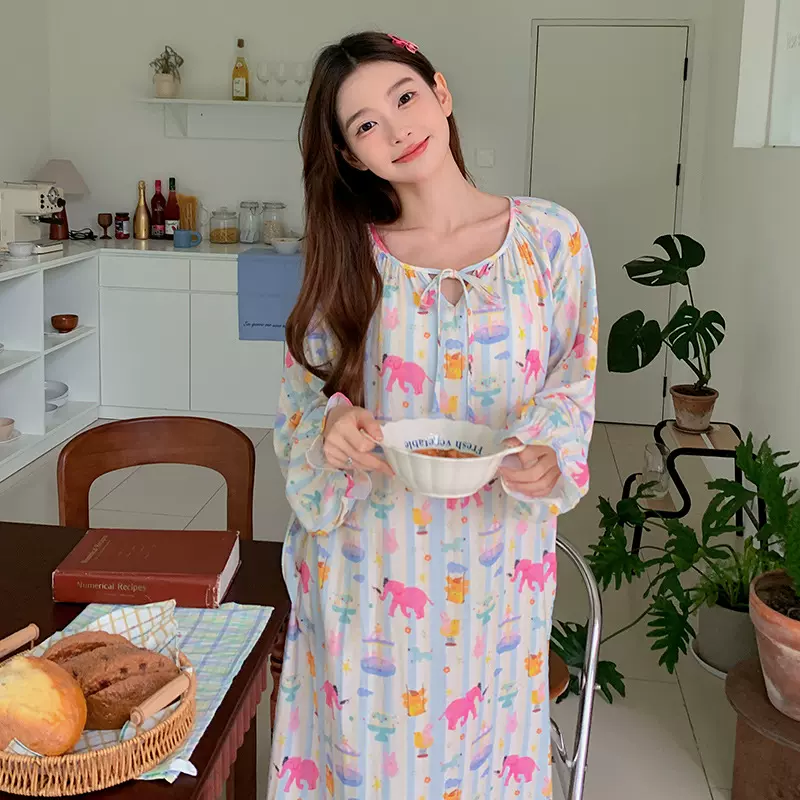 初秋新款游乐园纯棉双层棉纱长袖睡裙甜美可爱家居服睡裙可外穿
