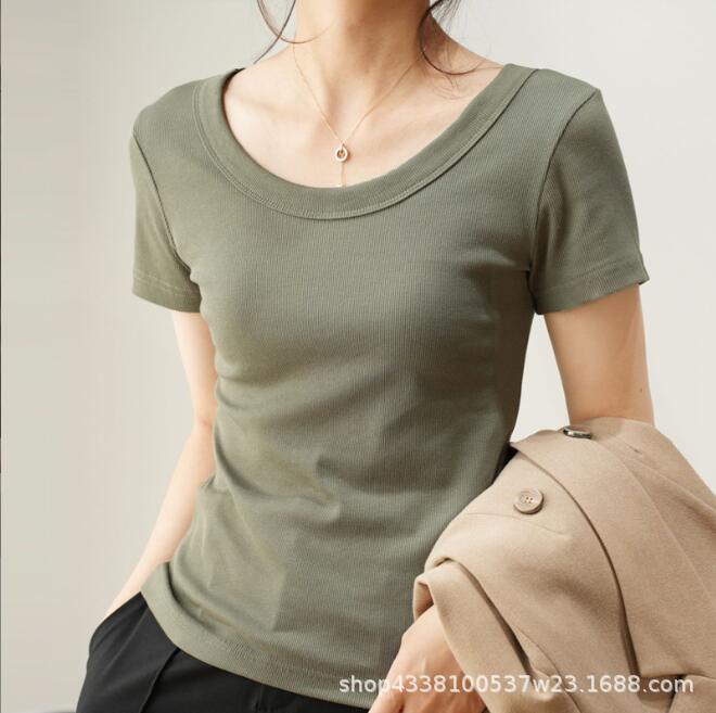 Threaded Cotton U-neck T-shirt Women's Short-sleeved 2024 Summer New Loose Slimming High-end Sense T-shirt Top Base Shirt