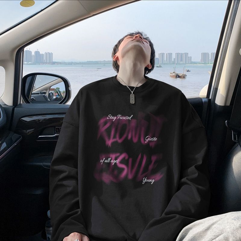 Pink Fuzzy Letter Long-sleeved T-shirt Men's Spring and Autumn Inner Sweater Vintage American Heavy Cotton Base Shirt