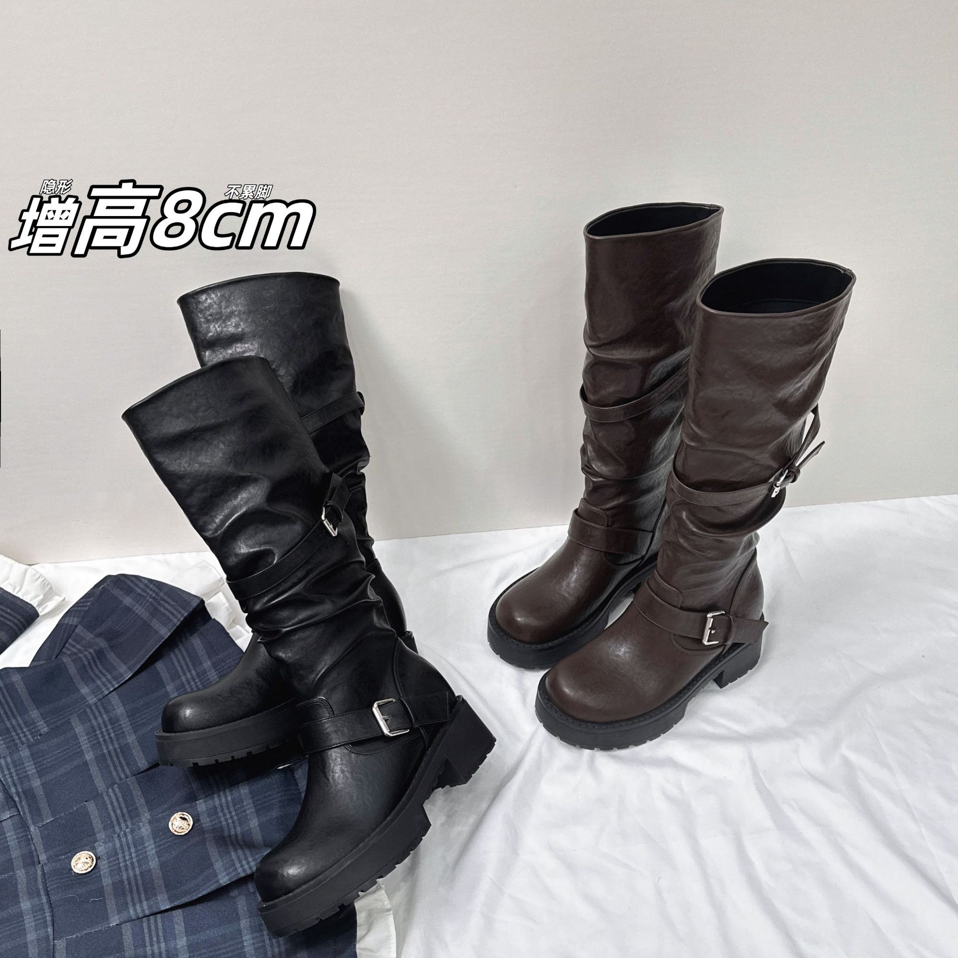 Botas Vaqueras de Caballero para Mujer de 8 cm, Superfibra, Con Elevación, Tacón Grueso, para Otoño e Invierno