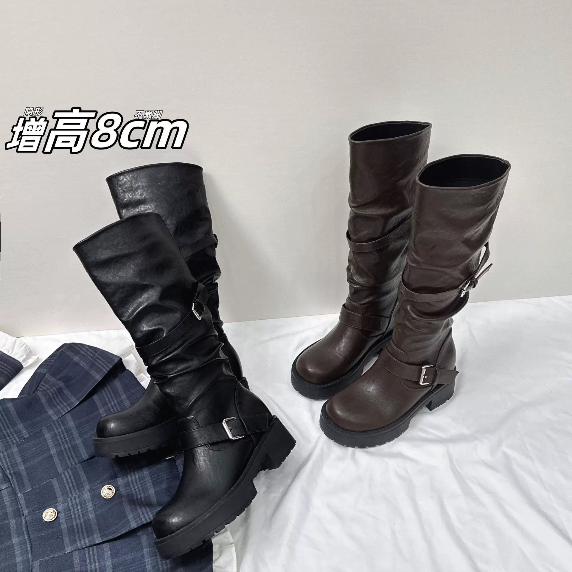 增高8CM皮带扣不过膝西部牛仔靴女2025新款英伦褶皱美拉德骑士靴