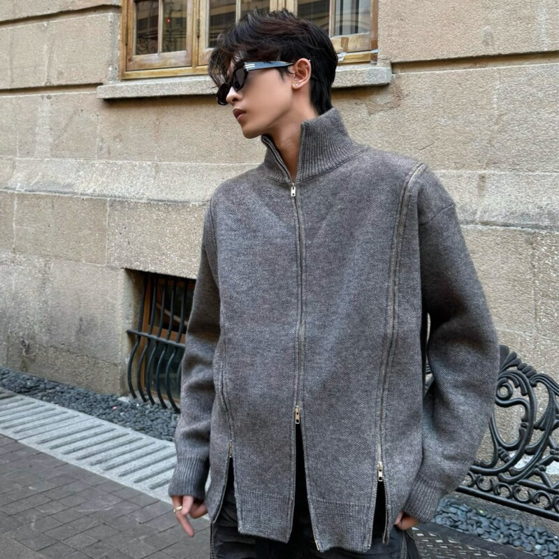 Autumn Korean fashion item: men's three-zipper designer sweater with stand-up collar, warm solid color knitted cardigan jacket
