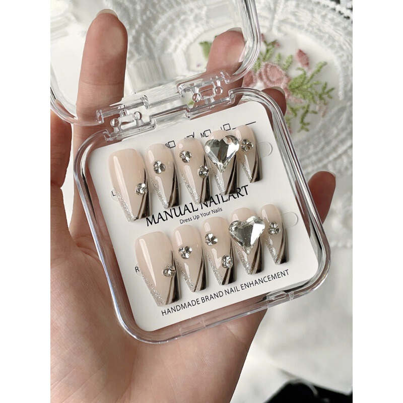 [original Real Shot] Purely Handmade Wearable Nails with Beveled Edges French Xiaohongshu Popular Nail Art Patches Wholesale Sparkling Diamonds