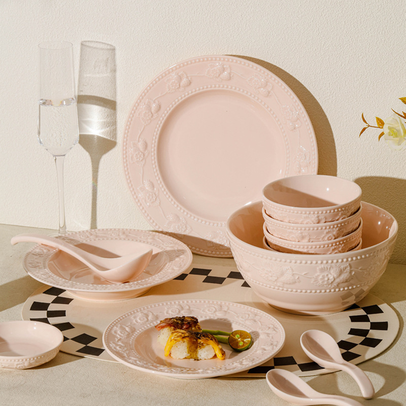 Cream Powder Plate Dishes suit High Color Value Ceramic Rice Bowl Dinner Plate Household Relief Tableware Dishes Wholesale Cream Powder Plate Dishes suit High Color Value Ceramic Rice Bowl Dinner Plate Household Relief Tableware Dishes Wholesale