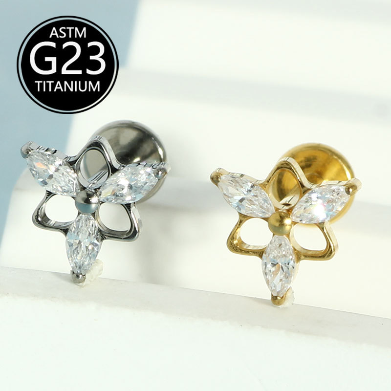 F136 Titanium Alloy Three-Horse Eye Zircon Earrings G23 Titanium Lip Nail 6-10mm Internal Thread Rod Piercing Jewelry detail image 5