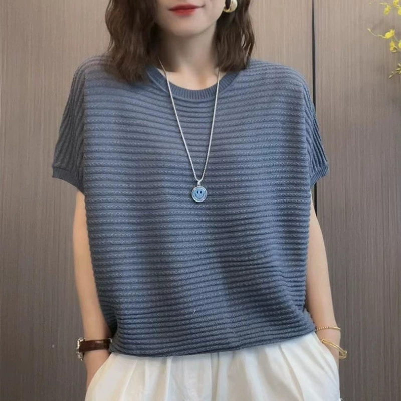 Вязаный свитер для мам среднего возраста, летняя рубашка с короткими рукавами, женский свободный топ, закрывающий живот, универсальный топ для похудения.
