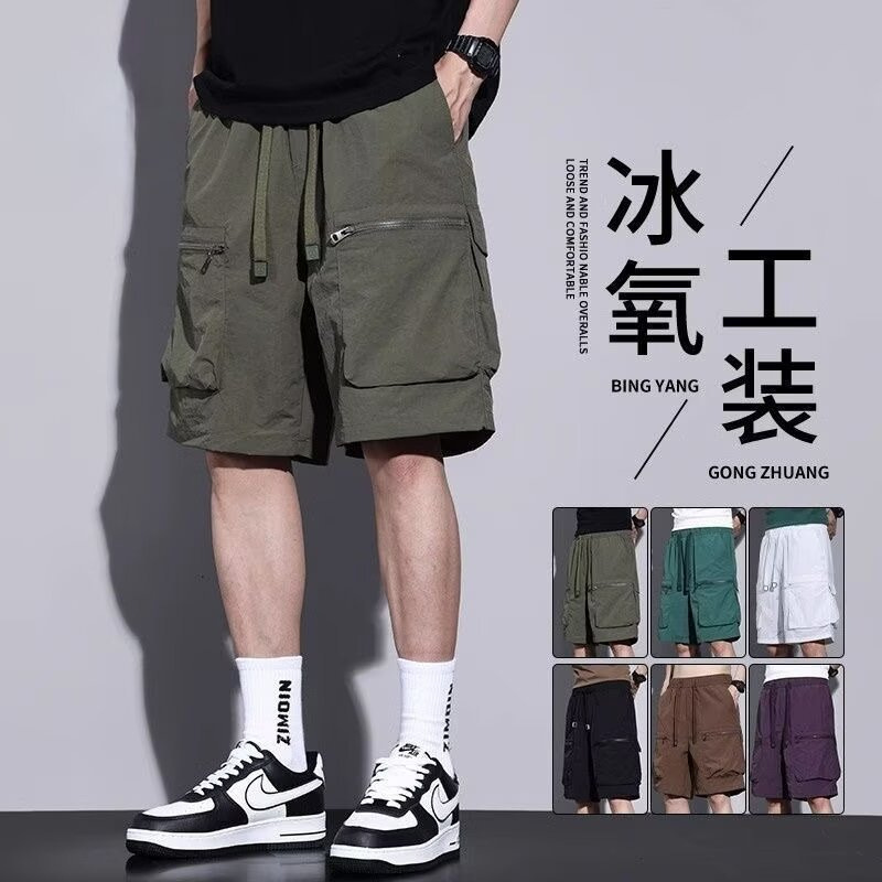 Japanese Retro Multi-Pocket Cargo Shorts Men Versatile Summer Thin Loose Straight Casual Outdoor Knee-Length Shorts