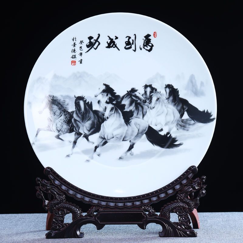 JINGDEZHEN 세라믹 장식 앉아 플레이트 장식품 중국 스타일 파스텔 공예 보석 집 거실 복도 장식 교수형 플레이트