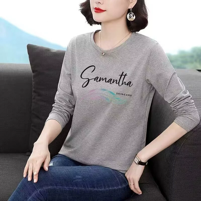 Весенние и осенние футболки с длинными рукавами для женщин среднего и пожилого возраста, рубашки с тонким низом, повседневные топы с круглым вырезом, свободная одежда для мам.