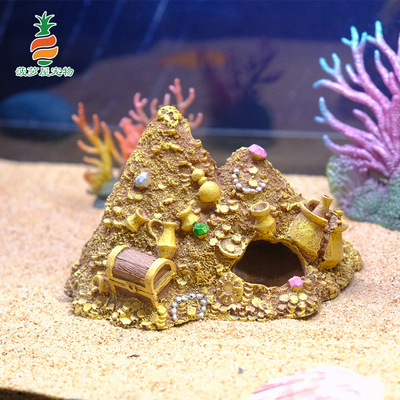 Decoración de pecera Adornos de dibujos animados Pescado y camarones Casa de refugio Escenario de pecera Casa de piña Cueva de refugio Jinshan Baoshan Caja del tesoro