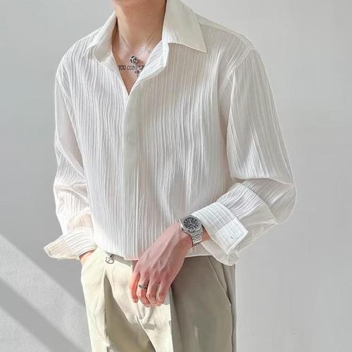 Texture Upgraded Long-Sleeve Striped Shirt for Men: Loose, Casual, and Trendy, with Korean Style, Iron-Free, Perfect for Autumn