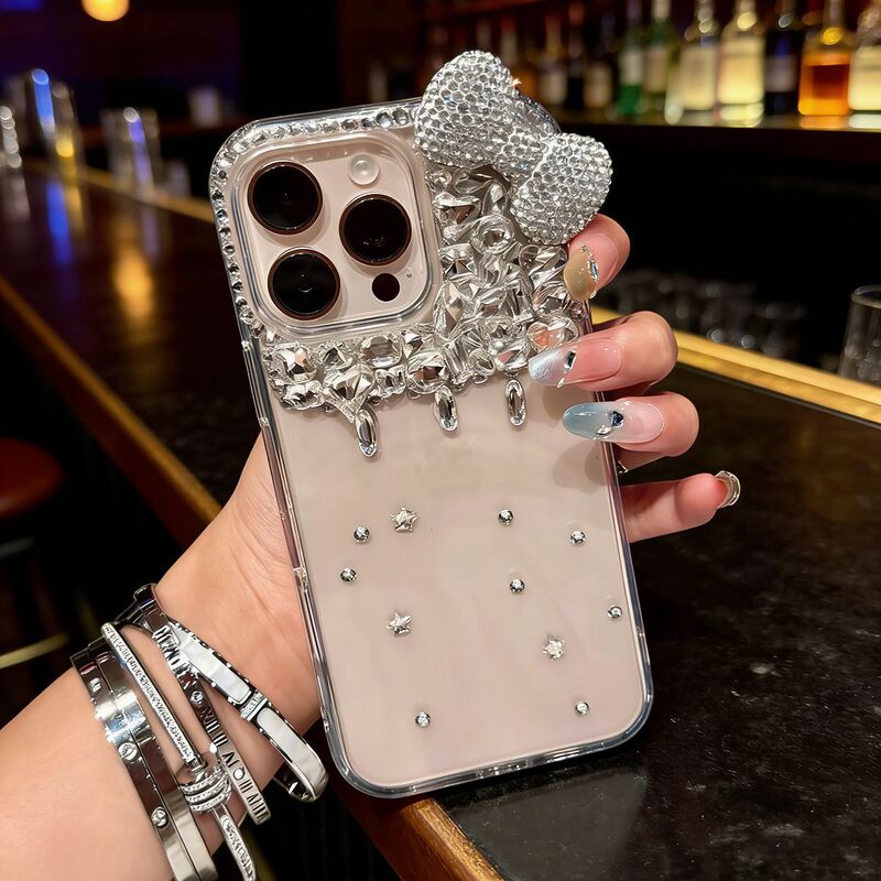 Suitable for the New Apple 17 Phone Case, Luxury Rhinestone Design, Transparent Semi-Rhinestone for 16, Rhinestone Bow on the Upper Right Corner for 15, for Girls