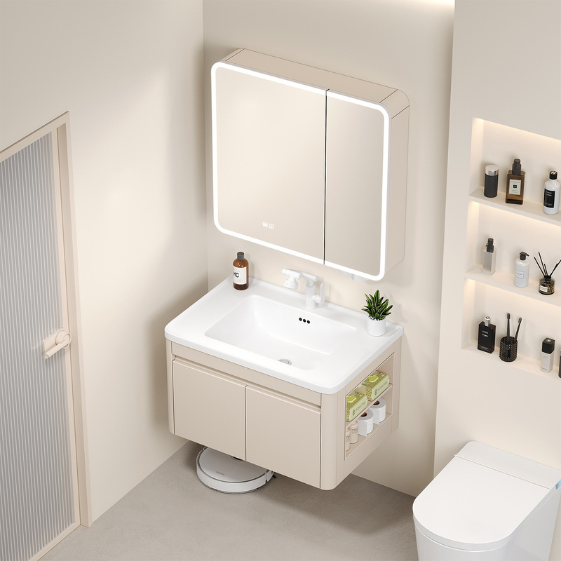 Curved Space Aluminum Bathroom Mirror Cabinet with Side Compartments for Home Use, Smart Vanity Washbasin Storage Rack and Storage Cabinet