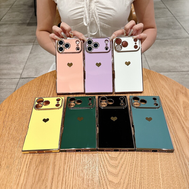 Square Electroplated Heart Iphone17Promax Mobile Phone Case Suitable for Apple 16Pro Right Angle Edge 15 Anti-Fall 14