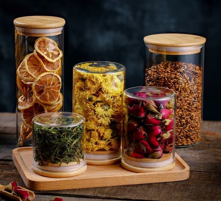 竹盖茶叶罐 多规格直筒储物罐 糖果收纳瓶 高硼硅玻璃密封罐批发
