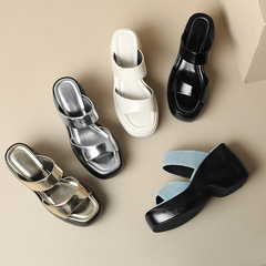 踩屎感涼拖鞋女夏外穿牛皮軟底厚底坡跟高跟鞋沙灘松糕涼鞋小個子