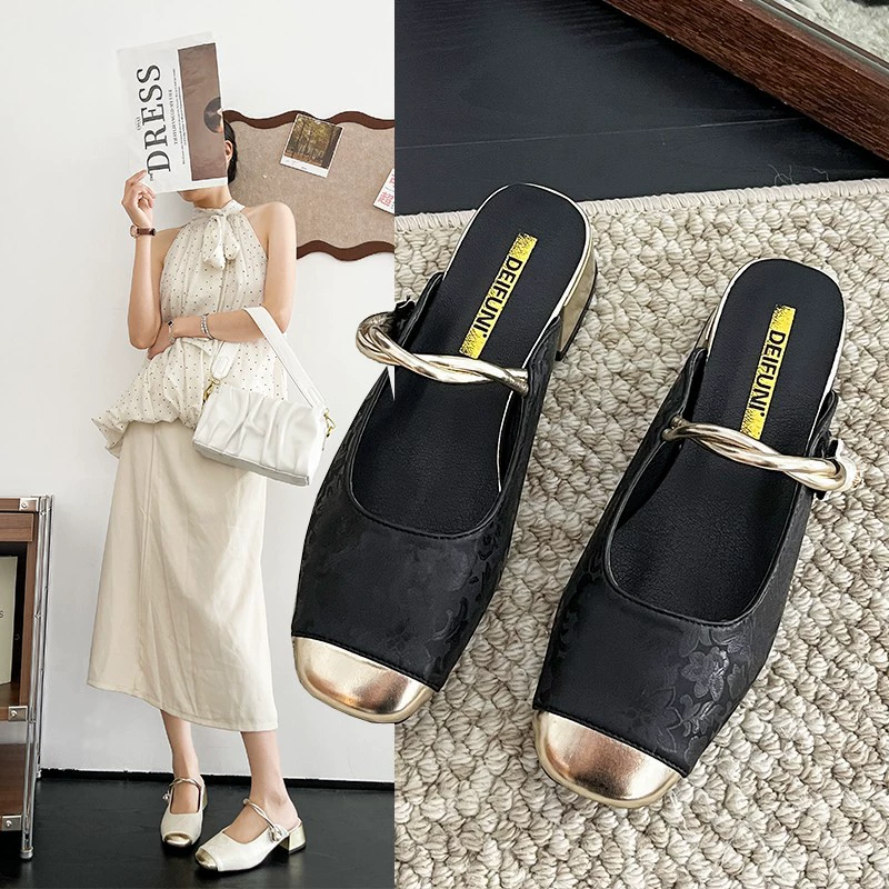 Национальный ветер Новый китайский стиль Баотоу Половина тапочки женская летняя одежда с юбкой фея ветреный ветер с толстым каблуком туфли Мюллер