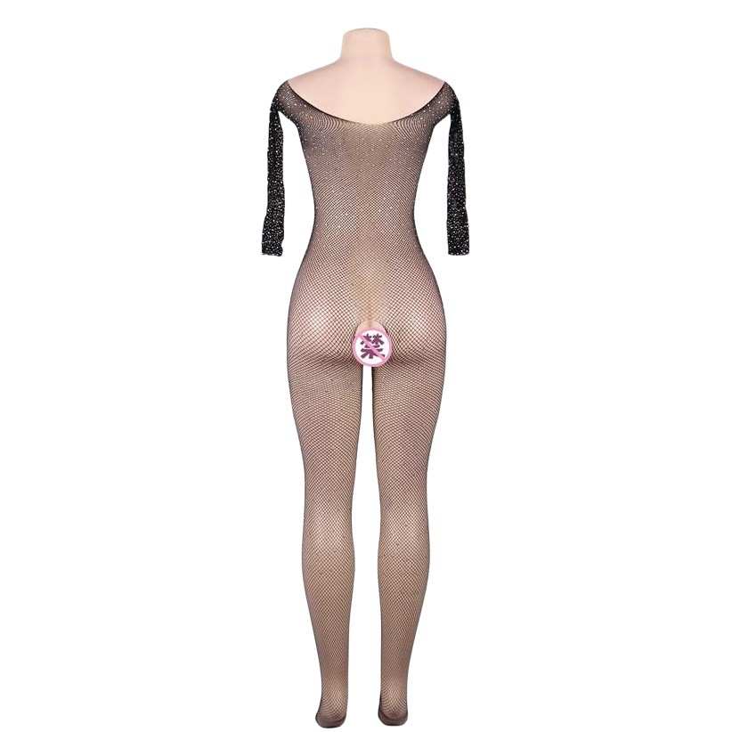 Lencería erótica de talla grande para comercio exterior, conjunto de malla de una pieza con entrepierna abierta y sin necesidad de quitarse, seductora y transparente para mujer, con pedrería.