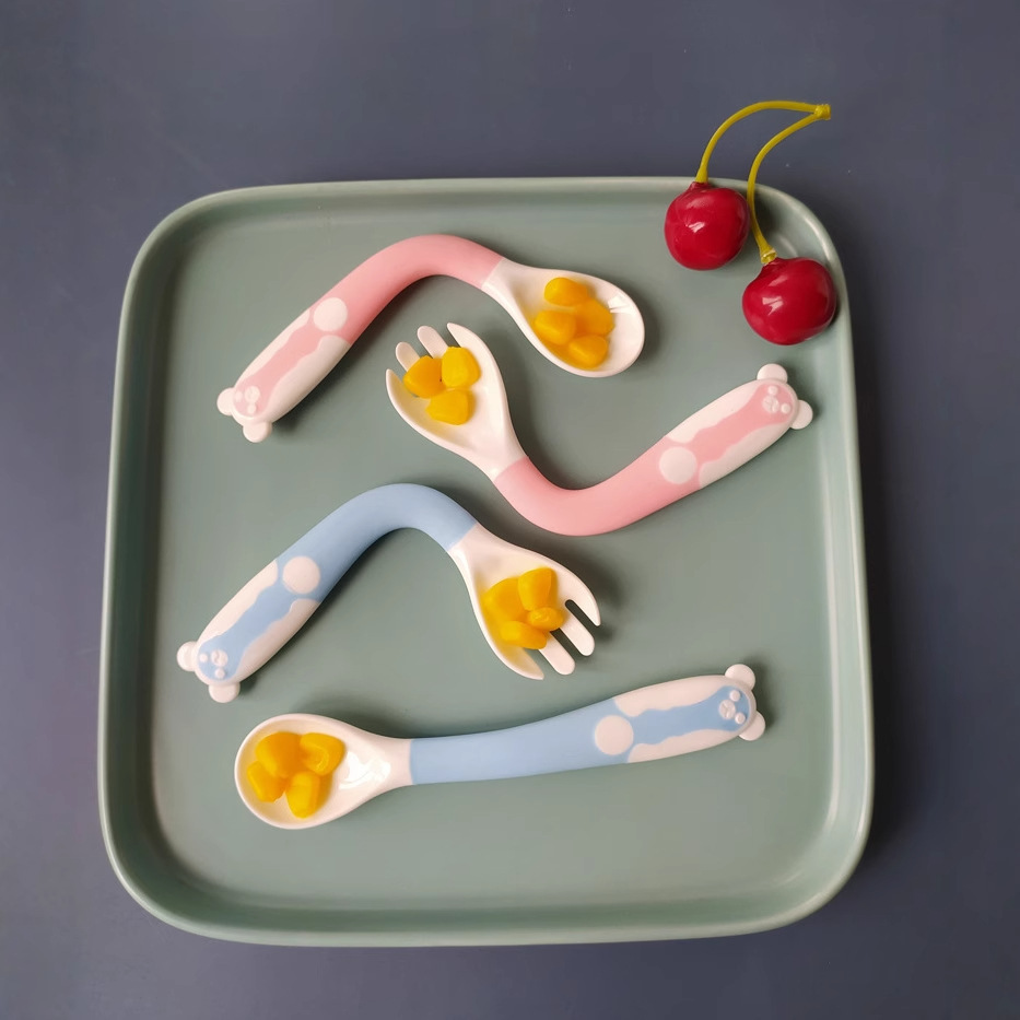 Procesamiento de liquidación trenzado tenedor cuchara traje portátil bebé alimento suplemento vajilla aprendizaje comiendo cuchara curvada