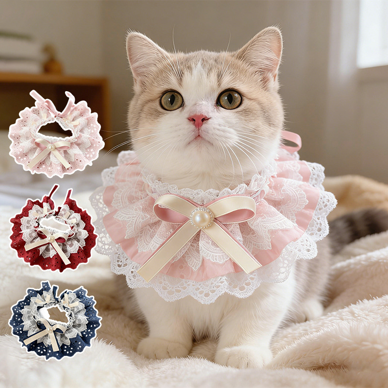 Lolita-Style Pet Bib, Multi-Layer Lace Pearl Collar, Cat and Dog Photo Decoration Accessory