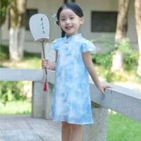 Летняя новая девушка синие маленькие летающие рукава Cheongsam улучшенное платье в национальном стиле